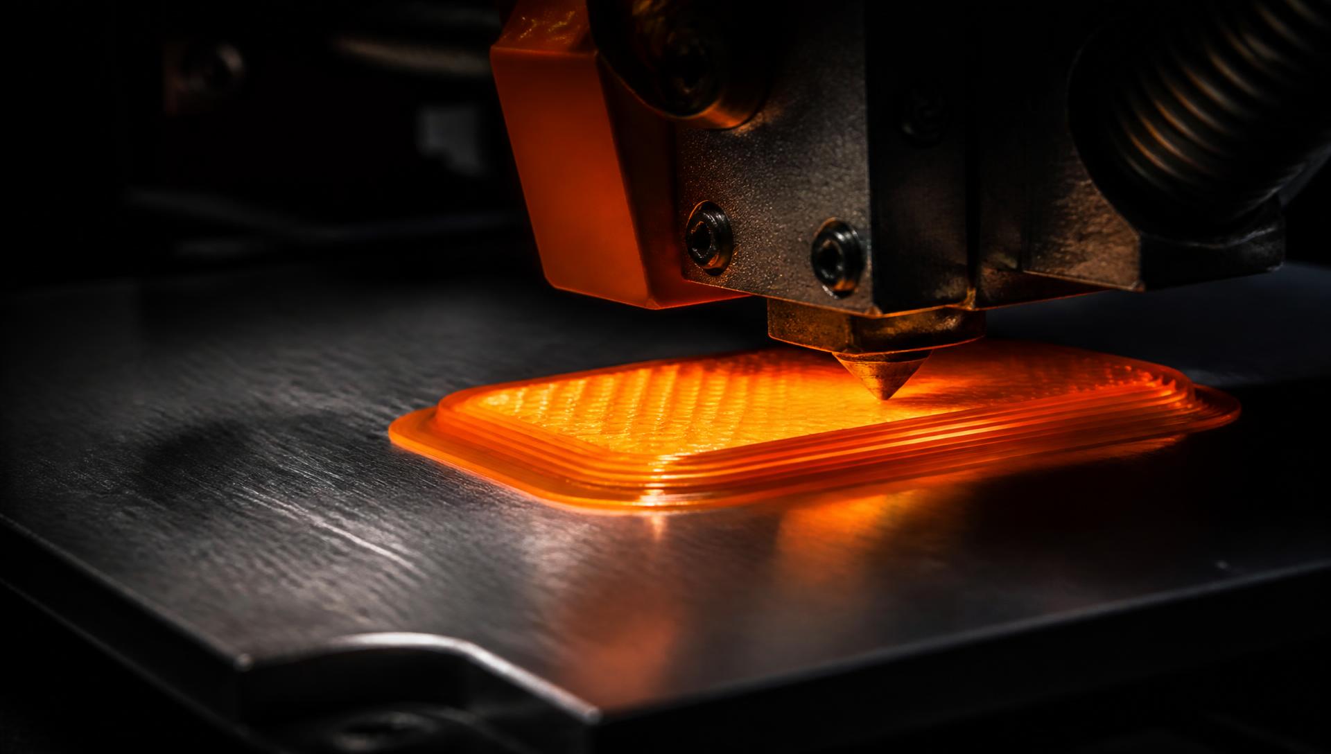 3D printer nozzle laying glowing molten filament onto a machined aluminum print bed